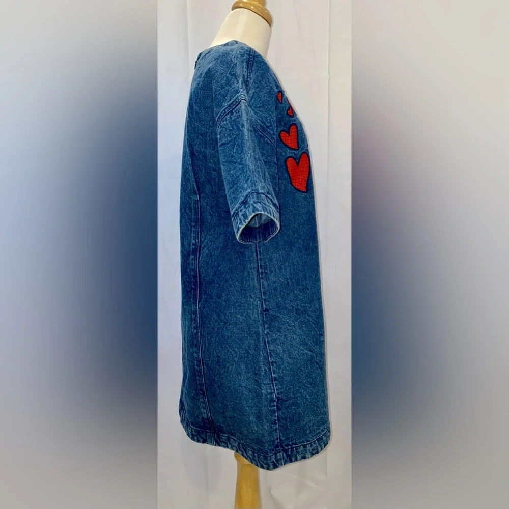 Anthropologie Dhruv Kapoor Embroidered Hearts Denim Short Sleeve Mini Dress - Picture 9 of 11